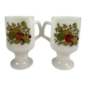 Vintage Corning Ware Coffee Mugs Cups Set of 2 Spice of Life Milk Glass Pedestal